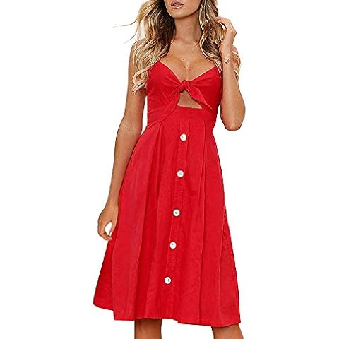 FANCYINN Womens Tie Front Dress Summer V-Neck Spaghetti Strap Dresses Button Down A-Line Midi Dress, Red, XL Cover