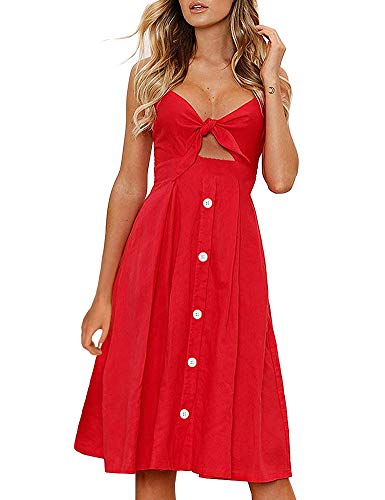 Image of FANCYINN Womens Tie Front Button Down A-Line Dresses Summer Spaghetti Strap Midi Dress Floral Prints