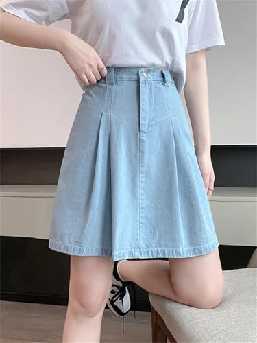 Women's Casual Solid A-Line Jean Mini Skirt Vintage Elastic Waist Folds Jupe Loose Mini2