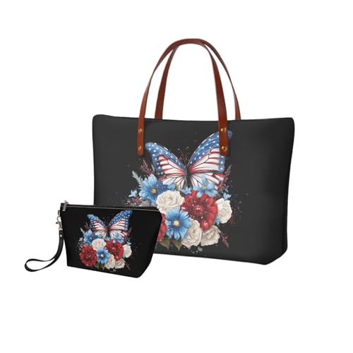 Image of Butterfly Tote Large Top Handle Purse With Matching Wallet, American Flag Handbag Set for Women Satchel Hobo With PU Cosmetic Bag for Working, Shopping, Black