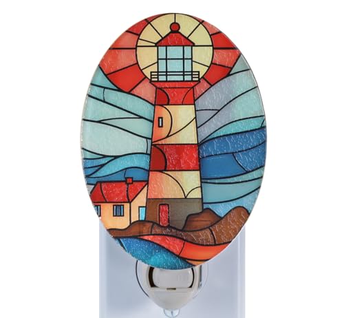 Image of Lighthouse Stained Glass Styled Night Light Plug in - Made with Real Glass, Bulb Included, On /Off Switch - Nautical Beach Theme Bathroom, or Beach House Accent Light Dusk Blue Red