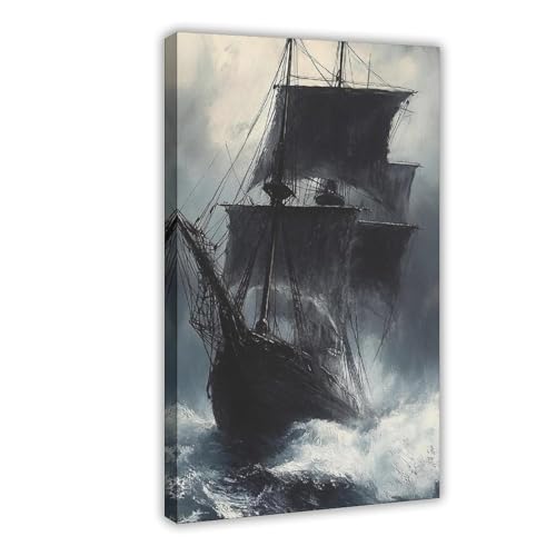 BIRART Impression sur toile de peinture à l'huile - Motif bateau de mer orageux - 30 x 45 cm