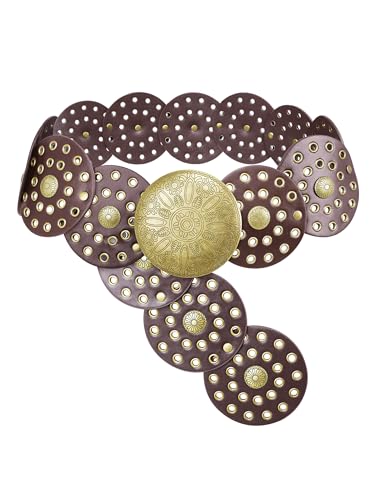 KUTTOR Wide Western Cowboy Disc Belt for Women Concho Cowgirl Vintage PU Leather Waist Belt Boho Style for Jeans Dress Skirt