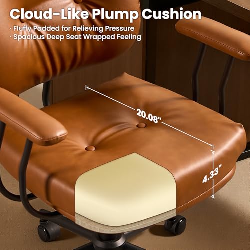 Image of ovios Ergonomic Office Chair, Mid Back Faux Leather Executive Chairs with Thick Cushion, Comfy Mid-Century Modern Swivel Rolling Computer Armchair (Brown, PU Leather)