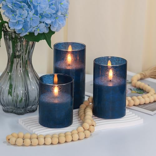 Image of Flickering Flameless Candles with Remote - 3D Wick Battery Operated Candles with Timer, Blue Glass Fake LED Candles for Party Wedding Birthday Holiday Festival Christmas Home Decor Gifts