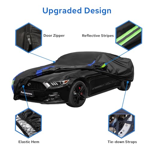 Image of Avecrew for Ford Mustang Car Cover Waterproof All Weather for Automobiles, Outdoor Full Exterior Covers Fit Sedan Ford Mustang with Windproof Strap