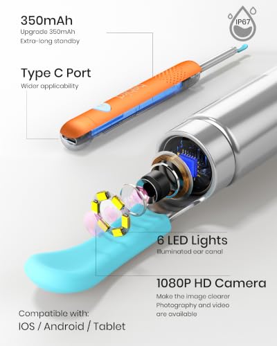 Image of BEBIRD R1 Wax Removal Tool for Ear - Spade Ear Canal Cleaner with Camera 1080P Earscope, Wax Remove Ear Picker with Vari Replacement Tips, Camera with 6LED Light, Orange
