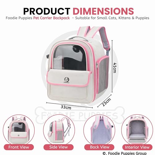 Image of Foodie Puppies Pet Carrier Backpack for Cats and Small Dogs - (Beige Pink) (41 x 33 x 24cm) l Transparent Window, Foldable Design with Pocket, Airline Approved Air Ventilation Travel Bag
