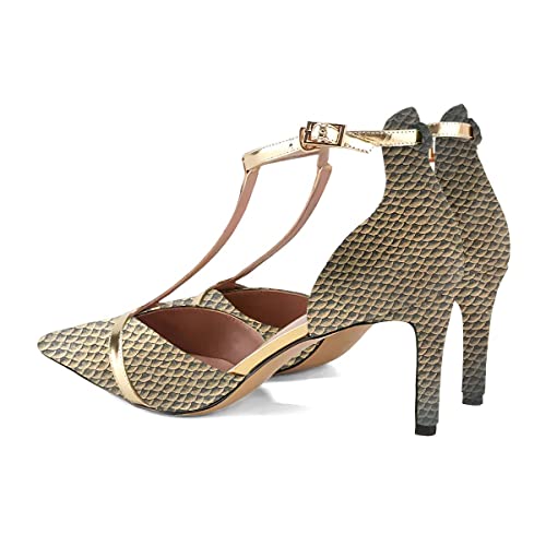 Xyd Women's Latin Dance Sandals Shoes Pointed Toe T-Strap Mid Heels D'orsay Ballroom Wedding Fancy Elegance Pumps Size 13 Gold Scale #TOP2