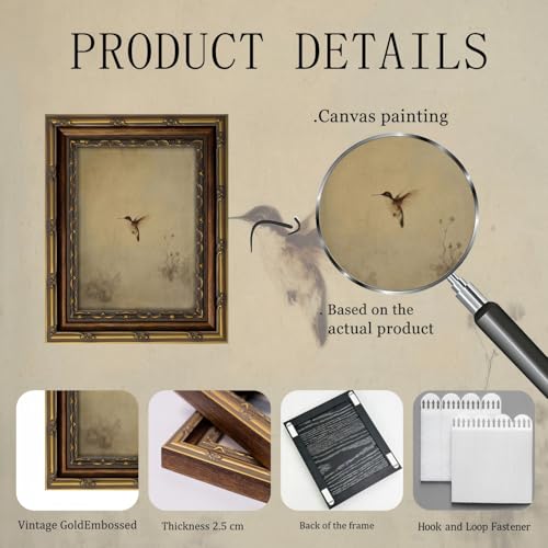 Gold Framed Wall Art, Vintage Antique Hummingbird Canvas Prints - Minimalist Rustic Nature Bird Pictures, Farmhouse Cottage Decor Gallery Artwork for Living Room, Bedroom 9x11 inch — view 2
