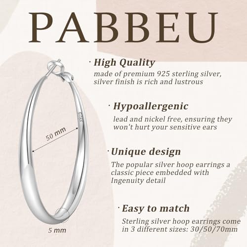 PABBEU S925 SterlingSilver Hoop Earrings Hypoallergenic Silver Hoop Earrings for Women Lightweight Large Sterling Silver Hoops Earring 30/50/70mm2