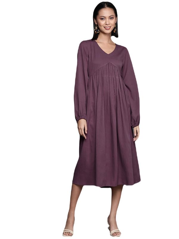Image of Varanga Women Mauve V-Neck, Bishop Sleeves, Gathered Details Calf Length A-Line Dress, Flared Hem