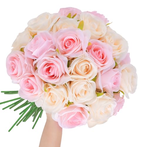 saerryor 32 Pcs Artificial Roses Fake Roses Artificial Flowers with Stems Fake Artificial White Pink Roses Silk Flowers for Home Garden Party Hotel Office Decor