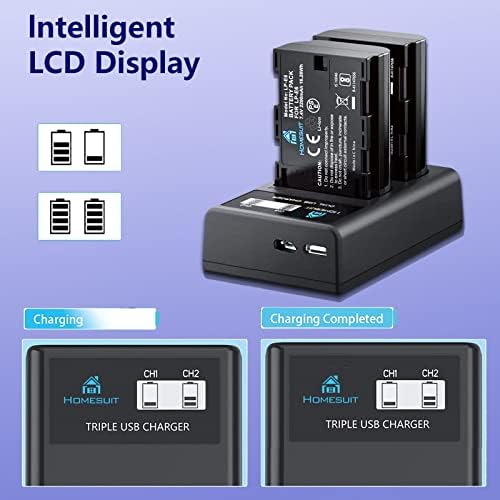 Homesuit LP-E6 LP E6N Battery and Upgraded LCD Charger Set Compatible with Canon EOS 80D,90D,5D Mark II,III,IV,5DS,5DS R,6D,60D,6D Mark II,7D,7D Mark II,70D,XC15,RA,R5,R6,BMPCC 4k 6k(2-Pack 2200mAh)
