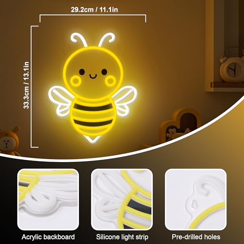Bee Neon Sign Wall Art, Honey Bee Decor for Bedroom Living Room Office Patio Garden Stores, USB-Powered Energy-Saving Light with Hanging Kit, Gifts for Kids,Women,Beekeeper by OkiyiD - Used condition - Image 4