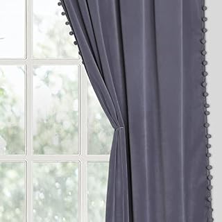 CAROMIO Blackout Curtains for Bedroom Black Velvet Curtains Thermal 54 Inch Drop Pom Pom Curtains Room Darkening Drapes Rod Pocket Small Window Drapes for Living Room 42 x 54 Inch 2 Panels