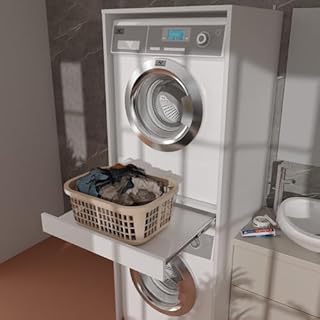 Milionmeblicom Mobile Lavatrice e Asciugatrice Colonna LUNA Salvaspazio Mensola Estraibile Ripiani Struttura Robusta Mobile Bagno Lavanderia 183,7×65×66 cm Bianco Opaco