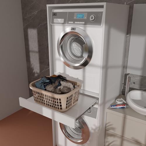 Milionmeblicom Mobile Lavatrice E Asciugatrice Colonna Luna Salvaspazio Mensola Estraibile Ripiani Struttura Robusta Mobile Bagno Lavanderia 183,7×65×66 Cm Bianco Opaco - 4