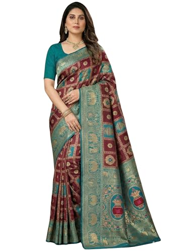 Image of C J Enterprise Women's Kanjivaram Silk Saree Woven Patola Banarasi Soft Sarees Zari With Blouse Piece (Hathi Patola)
