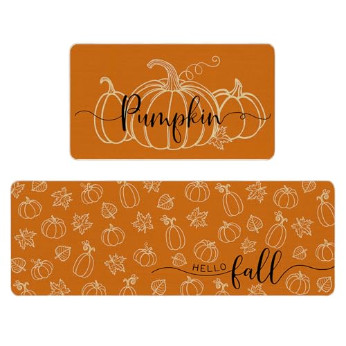 Mocsicka Hello Fall Kitchen Rug Set of 2 Autumn Pumpkin Kitchen R...