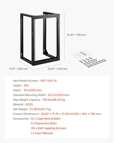 Open V Server Rack VEVOR 15U Open Frame Server Rack, Free Standing or Wall Mount Rack with ...