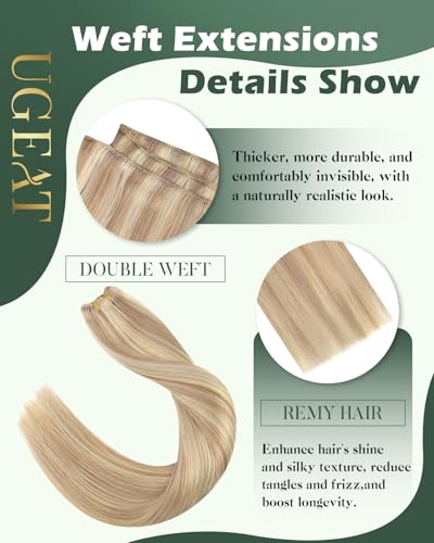 Image of Ugeat 24 Inch Weft Hair Extensions Human Hair, Human Hair Extensions Sew in 100g, Sew in Extensions Long Straight, Ash Blonde Highlights Medium Blonde