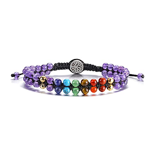 GEHECRST 7 Chakra Armband lebensbaum Edelstein Armbänder Perlenarmband Yoga Armband Doppelschicht geflochten Armreif Healing Reiki Energietherapie Glückbringen Edelstein (Amethyst) Cover