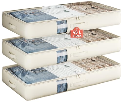 Under Bed Storage Containers with Window, Closet Organizers and Storage Bags, Foldable Underbed Storage Bags for Blankets, Clothing, Comforter, Linen Sheets, Wrapping Paper, 3 Pack, White Ivory