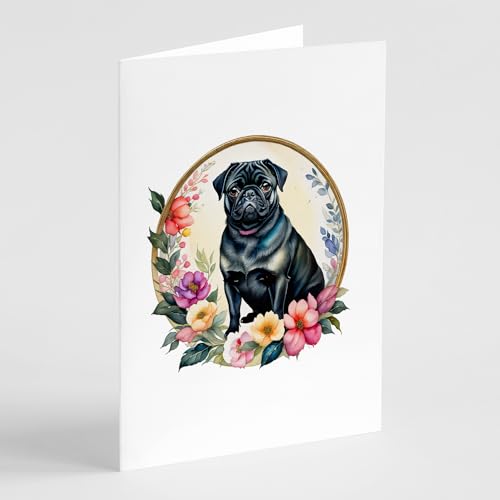 Caroline's Treasures Black Pug and Flowers Greeting Cards and Envelopes Pack of 8 Blank Cards with Envelopes Whimsical A7 Size 5x7 Blank Greeting Cards