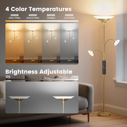 Image of SIBRILLE 3 Way Torchiere Floor Lamp - 42W Dimmable LED Tree Standing Lamp with Remote, 2300LM, Color Changing, 72 inch Tall Bright Floor Lamp for Living Room Bedroom Office