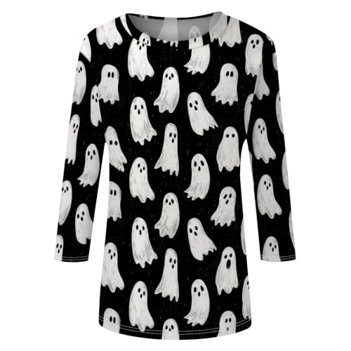 Image of Women Spooky Halloween Graphic Shirt 3 /4 Length Sleeve Crewneck Top | Halloween Funny Printed Pumpkin Plus Size Tshirts 2026 Fall Outfits Skeleton Tee Going Out Tops