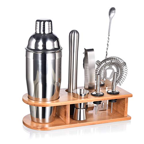 Bartender Kit with Stylish Bamboo Stand, 10 Piece Cocktail Shaker Set for Mixed