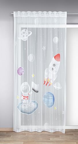 KAMACA Tenda con passanti nascosti e nastro per tende per la cameretta dei bambini, in voile, bianco, trasparente, con meraviglioso motivo (altezza x larghezza), 245 x 140 cm (astronauta)