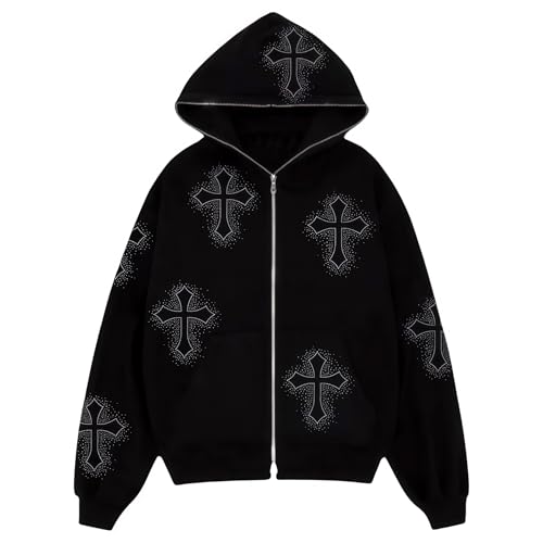 RYXSUN Rhinestone Hoodie Men Women Letter Graphic Gothic Hoodie Print Sweatshirt Full Zip Up Oversized Jacket