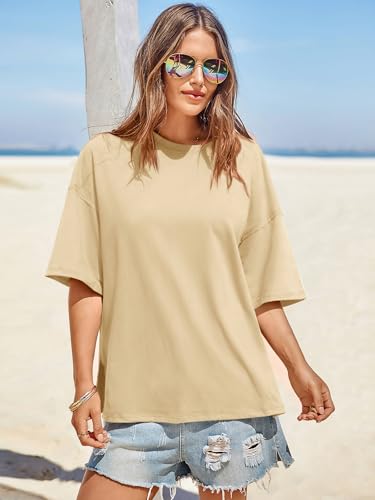 Image of Tankaneo Womens Oversized Tshirts Summer Casual Short Sleeve Crew Neck T Shirt Loose Fit Side Slit Tee Tops