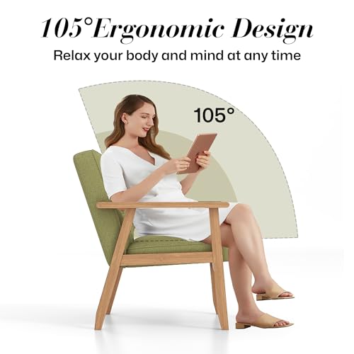 KCC Mid-Century Modern Linen Fabric Accent Chair, Upholstered Tufted Leisure Chair Comfy Reading Side Chair with Armrest and Solid Wood Frame for Living Room Bedroom Balcony(Green)
