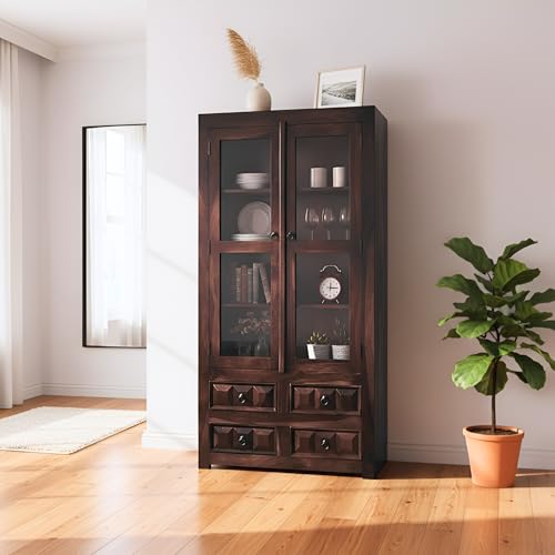 Image of SONA ART & CRAFTS Solid Sheesham Wood Kitchen Cabinet | Crockery Rack with Door for Kitchen and Home Furniture- Walnut Brown Finish