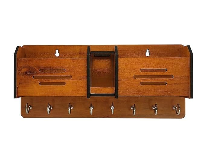 Premium Wooden Wall-Mounted Key Holder & Mobile Organizer Stand | Multi-Functional Home Decor Rack with 8 Key Hooks and Pen Holder Slot (Brown Finish)-image-18