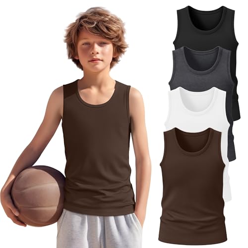 YooAurvox 4 Pack Boys Tank Top Athletic Summer Undershirt Round Neck Workout Sleeveless Shirt Kid Casual Basic Tee Size 3-16(11-13 Years,Coffee, White, Dark Mixed Gray, Black)