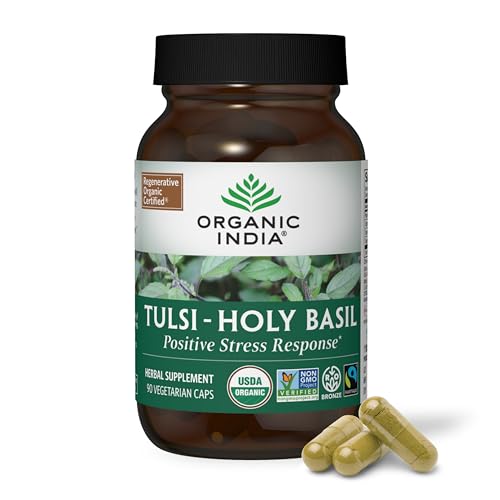 ORGANIC INDIA Tulsi Herbal Supplement - Holy Basil Immune Support Adaptogen Supports Healthy Stress Response Vegan Gluten-Free Kosher USDA Certified Organic Non-GMO - 90 Capsules