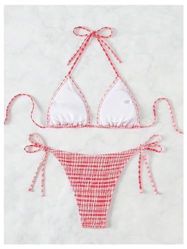 SOLY HUX Women's Plaid Gingham Bikini Sets Halter String Triangle Tie Side Bathing Suit Two Piece Swimsuit2