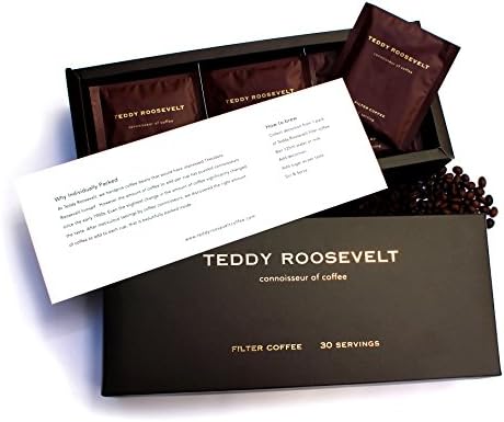 Teddy Roosevelt Coffee - 100% Arabica Luxury Ground Coffee, Medium Dark Roasted, 13 Ounce, 30 single serve sachets