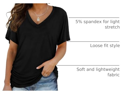 Image of WIHOLL Womens Summer T-Shirts Short Sleeve V Neck Dolman Tops with Side Shirring Loose Fit Shirts Spring Fashion