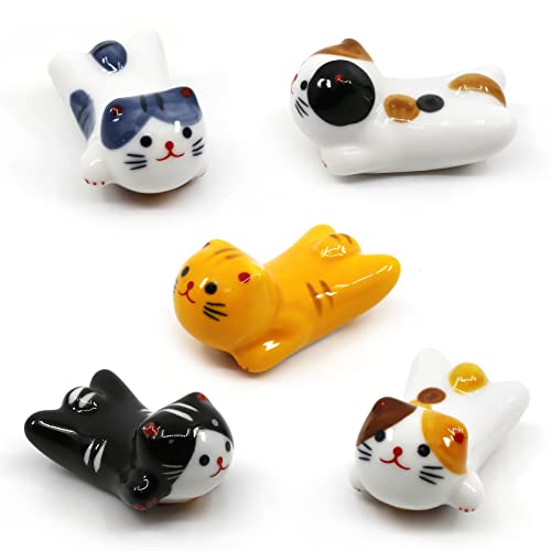 5 Pack Cat Chopsticks Rest Set, Chinese Paint Brush Rests, Japanese Style Porcelain Cute Lucky Cat...