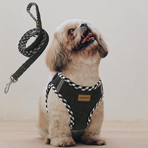 Aiminto デニム犬用ハーネス＆リードセット、通気性の高いメッシュ素材、軽量、ハーネス胸元に反射材付き - 小型犬用 (ハーネスとリードをセット(ブラック), S胴範囲36-42cm)
