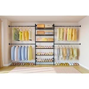 Timate P3 Closet System, Expandable Wall Mounted Closet System with 6 Adjustable Shelves & 4 Expandable Hanger Rods, Industrial Pipe Clothing Rack for Hanging Clothes, Fits Spaces 6'4"-9'3", Black Timate P3 Closet System Expandable Wall Mounted Closet System with 6 Adjustable Shelves 4 Expandable Hanger Rods Industrial Pipe Clothing Rack for Hanging Clothes Fits Spaces 64 93 Black