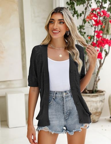 Image of Zeagoo Women's Short Sleeve 2026 Summer Crochet Cropped Cardigan V Neck Button up Bolero Shrug Sweater