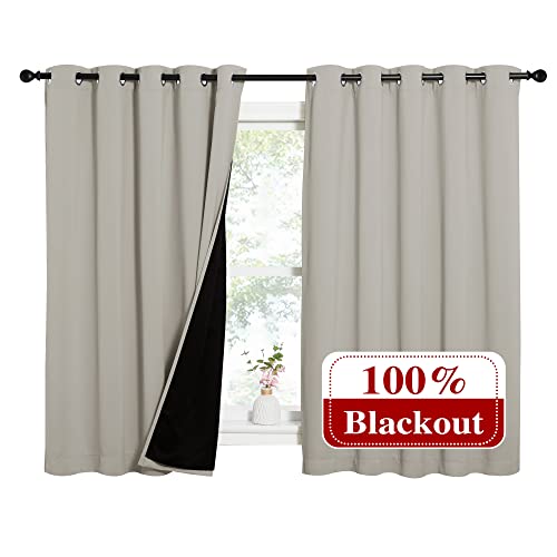 Image of NICETOWN Natural 100% Blackout Lined Curtains, 2 Thick Layers Completely Blackout Window Treatment Thermal Insulated Drapes for Kitchen /Bedroom (1 Pair, 62 inches Width x 63 inches Length Each Panel)