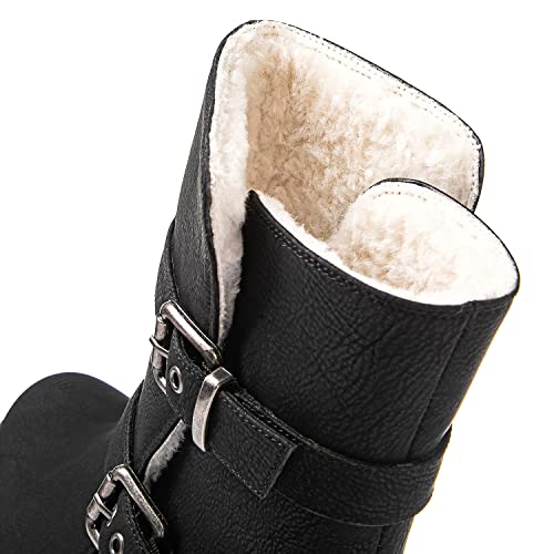 Image of GLOBALWIN Women's Ankle Boots For Women Faux Fur Lined Winter Moto Boots Ankle Booties With Adjustable Double Buckles