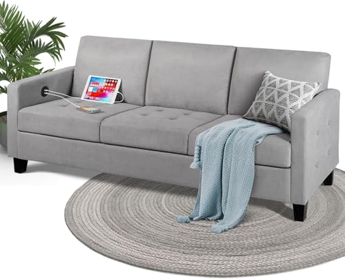 STHOUYN 72' W 3 Person Seater Couch Sofa with USB Ports, Grey Comfy Couches for Small Spaces, Mid Century Modern Gray Couch for Living Room Apartment Bedroom (Light Grey)